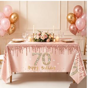 1개 70번째 생일 테이블보, 핑크 로즈 골드 70번째 생일 축하 테이블보 파티 용품, 70번째 생일용 직사각형 테이블보 장식
