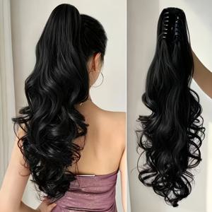 K팝 선명한 보라색 클로 클립 포니테일 가발, 긴 웨이브 인조머리 연장, 긴 웨이브 헤어 끝이 있는 밝은 보라색 클로 클립 포니테일 가발, Y2K 로얄 바이올렛 하이포니테일 여성용 롤플레잉 파티 액세서리, Y2K, 코스프레, 할로윈, 파티, 클럽, 데일리용 보라색 포니테일 디자인