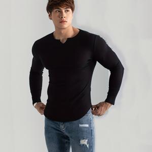 남성용 단색 티셔츠, 캐주얼하고 편안한 긴 소매 타이트한 하이 스트레치 V 넥 티, 봄 가을 야외용 남성 의류