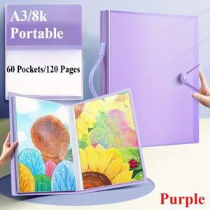 A3/8K Large Art Portfolio with Handles, 60 Poets Large Portfolio Folder Display 120 Pages, A3 File Folder Portable Album with Clear et Protectors, Presentation Book for Artwork Document Organizer
