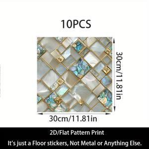 10개입 2D 평면 비닐 바닥 스티커, 11.81x11.81인치 정사각형 타일, 블루, 그린, 골든, 화이트 대리지 패턴, 내구성 PVC. 주방, 욕실, 거실, 침실, 기숙사 장식용 - 쉬운 DIY 홈 데코, 자가 접착 고품질 욕실 바닥 타일, 주방 업그레이드, 우아한 디자인, 쉬운 설치 타일, 2D 평면 스티커
