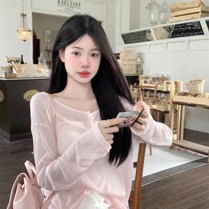 여성 골지 시스루 니트 가디건 루즈핏 긴팔 티셔츠 여름 얇은 자외선차단 핑크 날씬해보이는 체형커버 오픈백 바캉스룩 비치웨어 에어컨대비 꾸안꾸