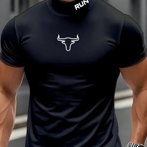 짧은 소매 하이넥 패션 트렌디 크리에이티브 황소 머리 RUN 패턴 스포츠 피트니스 러닝 트레이닝 캐주얼 남성용 반팔티