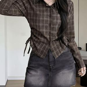 체크무늬 허리 벨트 셔츠 여성 봄 여름 디자인 니치 슬림 숏 블라우스