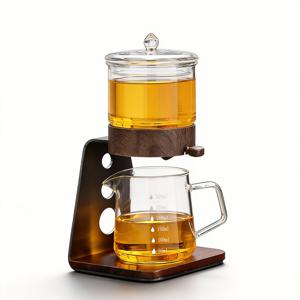 매직 압력 조절 이중 구조 주전자 세트: 10oz(300ml) 필터 주전자 + 10oz(300ml) 컵, 반자동 자기 디스펜서 및 나무 받침대 포함 - 꽃차 및 잎차용 내열 유리, 과다 우려짐 방지용 탈착식 찌꺼기 걸러내는 필터 포함