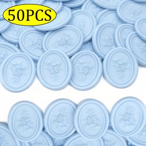 50개입 더스티 블루 왁스 실 스티커, 결혼식 초대장, 선물 포장, 크리스마스 장식용 - 빈티지 꽃다발이 있는 접착식 플라스틱 원형 자체 밀봉 라벨, 초대장, 봉투, 사진 액자에 적합