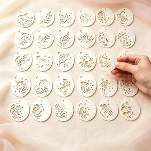 DIY 공예용 미니 타투 스텐실 템플릿 32개 - 엘프, 인어, 상어, 유니콘, 전갈, 작은 동물 & 꽃 디자인의 속이 빈 원형 재사용 가능 플라스틱 스텐실, 바디 아트, 페이셜 페인팅, 펜던트 나무 프린팅, 저널 장식용