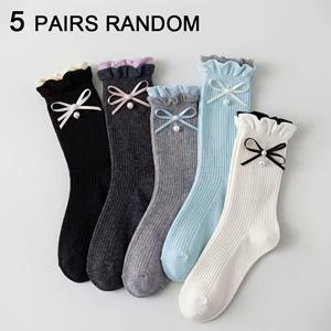 랜덤 여성용 중목 양말 5켤레, 진주 리본 장식이 있는 귀여운 종아리 양말, 달콤하고 다용도로 따뜻한 겨울용 긴 양말, 이중 맨捏 디자인, 패션 프레피 스타일 슬라우치 양말