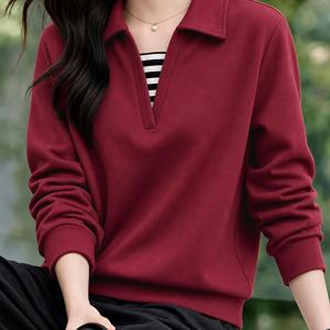 여름/가을 여성 패션 단색 V넥 오픈 루즈 오프숄더 패치워크 라펠 긴소매 캐주얼 통근 스웨트셔츠