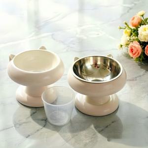2개 고양이 귀 높이 애완 동물 밥그릇 (계량컵 포함) 플라스틱 쉘 및 플라스틱 쉘 (스테인리스 스틸 내부 냄비 포함) 페어 팩 목 보호 엎어짐 방지 세척 용이 고양이 및 강아지 범용