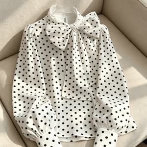 여성용 폴카 도트 리본 보우 블라우스, 우아한 스탠드 칼라 긴 퍼프 소매 셔츠, 캐주얼 시폰 사무실 작업복 상의
