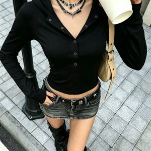 빈티지 Y2K 후드 긴팔 티셔츠, 슬림핏 버튼업 크롭 탑, 여성용 데일리 의상 서브컬처 스트리트웨어, 허리라인 강조 상의