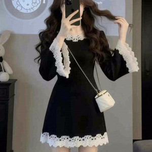 새로운 리틀 블랙 드레스 A라인 빈티지 스타일 긴팔 라운드넥 패치워크 슬림핏 허리 묶음 여성용 우아한 숏 드레스 가을 겨울 데일리 웨어
