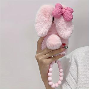 폰 케이스: 핑크 플러시 벨벳 리본 나비매듭 토끼 봉제 인형 체인 포함 폰 케이스, 아이폰 16 프로 맥스용, 삼성 S23 S24 S25 용