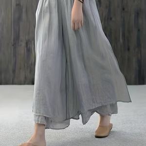 봄, 여름, 가을 팬츠 스커트, 이중 시폰 주름 팬츠 스커트, 약간 시스루 , 외부에 스커트와 내부에 바지가 있는 올인원 팬츠 스커트, 단색으로 다용도이며 편안한 팬츠 스커트, 루즈핏 신축성 허리 여성 바지, 일상적인 편안함, 기능성 포켓, 패셔너블한 트라우저