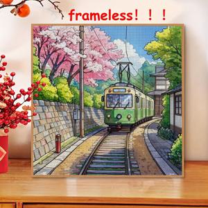 1개 11CT 프레임리스 DIY 십자수 키트 - 벚꽃과 레일 위의 초록색 전차, 가정 장식 예술 수제 자수 키트, 패턴 천과 실, 바늘 포함, 거실 또는 침실 장식용으로 완벽하며 아름다운 예술 작품. 크리스마스/아버지의 날/어머니의 날, 완벽한 휴일 선물, 사이즈 [30 * 30cm/11.8 * 11.8인치] [40 * 40cm/15.7 * 15.7인치]