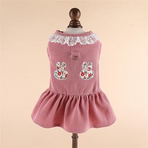 테디견, 비숑, 포메라니안을 위한 D링 포함 꽃무늬 토끼 자수 레이스 트림 러플 스커트가 달린 소형견용 코듀로이 원단 드레스 1개, 일상 산책용 반려동물 의상