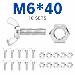 10세트 - 윙 나비 너트 볼트 M6, 육각 너트 포함, 16mm-40mm 윙 볼트, 기계용 패스너, 전자 기기용 썸너트, 볼트 10개 + 너트 10개, 공구 없이 빠른 설치 및 탈거, 컴퓨터 케이스, 가구 설치 및 기타 용도에 널리 적합