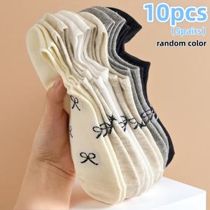 색상 랜덤 10개입(5켤레) 여성용 엘레강스 보우 양말, 통기성 좋고 가벼운 봄 여름용 캐주얼 인비저블 양말, 헐렁한 양말 입구, 장식용 리본 나비매듭 디자인, 부드러운 색감, 데일리웨어 및 특별한 날에 적합, 일본 및 한국 스타일, 심플한 디자인