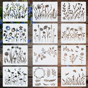DIY 공예용 꽃무늬 식물 스텐실 12개 - 나무 벽, 유리 타일, 바닥 장식용 수제 낙서 꽃무늬 템플릿 - 가정 장식 및 공예용면과 호환