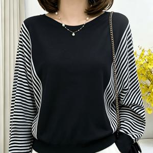 봄/가을 신상 여성용 라운드넥 컬러블록 박쥐 소매 풀오버 긴팔 상의