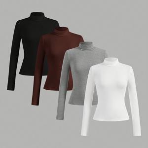 4팩 여성용 모크넥 긴팔 티셔츠, 단색 슬림핏 베이스 레이어 탑, 가을/겨울용 캐주얼 탄성 속옷 언더셔츠