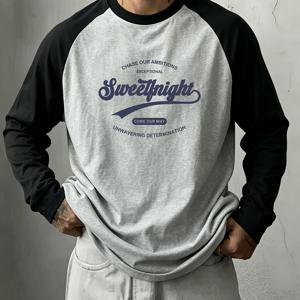 남성용 청소년 컬러블록 래글런 소매 긴팔 프린트 티셔츠 1개, 봄 가을 겨울 데일리웨어용 트렌디한 스타일 상의/가을 옷/저렴한 의류