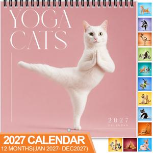 요가 고양이 벽걸이 달력 1개, 2027년용, 나선형 제본 12개월 달력, 쓰기 쉬운 큰 날짜 칸 포함, 운동복을 입고 요가 스트레칭과 명상을 하는 귀여운 고양이 특징, 요가 및 반려동물 애호가를 위한 벽 장식 및 선물