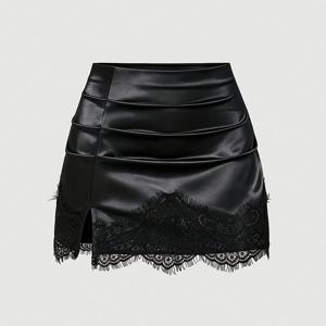 새로운 미국 스타일 블랙 타이트 레이스 패치워크 숏 스커트, 캐주얼 스트리트웨어