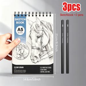 3개 세트, 대형 A5 코일 스케치북과 2개 스케치 펜, 수채화 및 수용성 파스텔 용지, 튼튼한 커버가 있는 와이어 바인딩 드로잉 패드, 페인팅 및 스케치에 적합, 예술 창작에 적합, 견고하고 내구성이 뛰어난 장인 정신