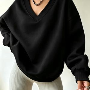 V넥 풀오버 플리스 스웨트셔츠 여성 가을 겨울 캐주얼 다용도 우아한 성격 패션 여성용 긴팔 상의
