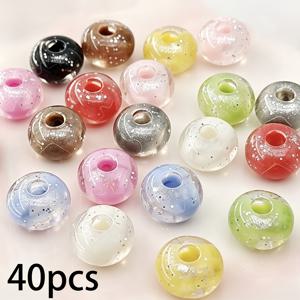 40개 13.5mm 은빛 글리터 엠보싱 하트와 별 대구경 플랫 비즈, 아크릴 마카롱 혼합 색상 투명 루즈 비즈, DIY 수제 비즈 팔찌, 헤어 액세서리 공예용품