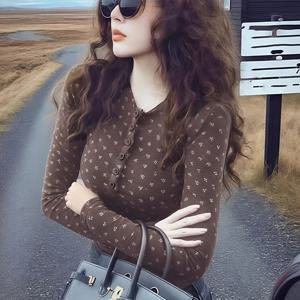 플로럴 프린트 가을 겨울 출퇴근용 헨リー넥 긴팔 티셔츠 여성용 슬림핏 아우터웨어 이너웨어 캐주얼 베이직 상의