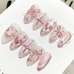 10개입 Y2K 핑크 크롬 하트 별 리본 젤 네일 고양이 눈 알몸형 압착식 아크릴 네일 미디엄 핑크 글리터 네일 재사용 가능 3D 라인스톤 스위트 럭셔리 스타일 여성 웨딩 데이트 데일리 데이트 & 선물