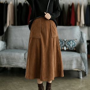 여성용 큰 주머니가 있는 코듀로이 A라인 미디 스커트 - 통근용 빈티지 요세미티 우산 스커트, 가을/겨울용 기계 세탁 가능 코듀로이 하프 스커트, 단색 신축성 없는 시즌 옷장 필수품
