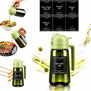 2-in-1 유리 올리브 오일 디스펜서 & 요리용 스프레이어, 16oz 유리 오일병, 녹색 누수 방지 뚜껑, 인체공학적 손잡이 노즐, 분류용 스티커 6개 포함, BBQ, RV 여행, 샐러드, 베이킹용 주방 조리 도구