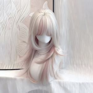 26인치 여성용 그라데이션 실버핑크 가발, 블런트 앞머리, 긴 헤어, 강한 레이어링, 할로윈 코스프레 및 일상 실감 연출에 이상적, 가볍고 매끄러운 풀가발, 탈모 없음