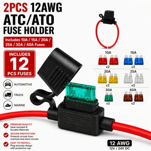 2개입 12AWG 인라인 ATC/ATO 블레이드 퓨즈 홀더 세트, 최대 40A 12V/24V , 구리심선 및 황동 접점, 보호 커버 퓨즈 홀더, 혼합형 10A/15A/20A/25A/30A/40A 블레이드 퓨즈 포함, 자동차 트럭 보트 선박 해양 전기 회로용