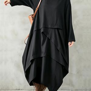 플러스 사이즈 여성용 우아한 고딕 맥시 드레스, 긴소매 루즈핏 O자 실루엣 가운, 멀티 레이어 접힌 비대칭 밑단의 신축성 없는 원단 캐주얼 데일리 드레스