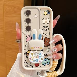 휴대폰 케이스 - 3개 세트 (귀여운 동물 패턴 휴대폰 케이스, 끈, 스탠드) Galaxy S24/S25 Ultra/S25 Plus/S25/S25 FE/S26 Plus/S26 Ultra/S26/S24 FE 호환, 편안한 착용감, 충격 방지 휴대폰 케이스 커버, Galaxy S24에 적합, 연인 스타일