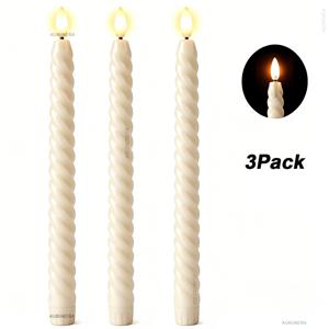3개 리얼한 불꽃 없는 LED 테이퍼 양초, 긴 막대 포함, 3D 눈썹 불꽃 깜박임 효과가 있는 배터리 작동 양초대, 따뜻한 노란색 빛 전기 양초 스틱 (크리스마스, 할로윈, 발렌타인데이, 결혼식, 추수감사절, 새해용)
