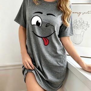 여름 여성용 해피 스마일 얼굴 만화 패턴 라운드 넥 반팔 미디 슬립 원피스, 아우터웨어 또는 라운지웨어로 착용 가능