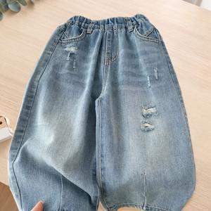 남아용 청바지, 찢어진 데님 긴 바지, 풀 허리, 편안한 착용감, 루즈핏, 스타일리시하고 심플한 긴 바지, 일상 외출, 학교, 휴가, 스트리트 패션에 적합, 어린이를 위한 필수 선물. 신학기 긴 바지, 남아 의류, 4-7세용