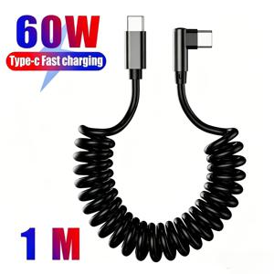 아이폰용 차량용 Carplay 자동 감김선 직각 코일형 USB C-C 차량용 충전기선 케이블, 최대 60W 고속 충전 Type C 케이블
