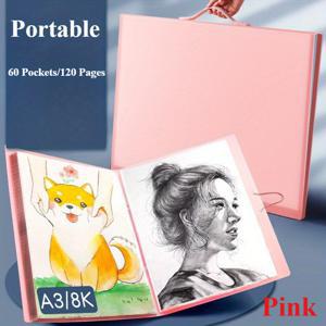 A3/8K Large Art Portfolio with Handles, 60 Poets Large Portfolio Folder Display 120 Pages, A3 File Folder Portable Album with Clear et Protectors, Presentation Book for Artwork Document Organizer