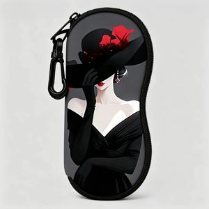 레드 로즈가 있는 블랙 탑햇 빈티지 쿨 레이디 네오프렌 케이스 1개, 고리가 있는 휴대용, 스크래치 및 마모 방지 안경 파우치, 기능성 안경 케이스, 안경, 지갑 또는 액세서리에 적합, 귀여운 안경 케이스, 남성 및 여성용