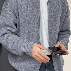 가을/겨울 신상 일본 & 한국 스타일 남성용 심플하고 활용도 높은 단색 캐주얼 루즈핏 긴소매 지퍼 패브릭 가디건 오픈프론트 니트 아우터웨어