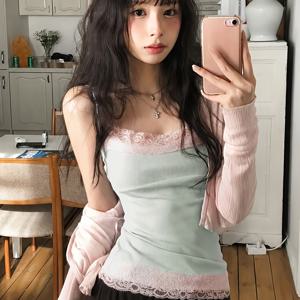 유럽 및 미국풍 소녀스타일 컬러블록 레이스 패치워크 로우컷 스퀘어넥 슬림핏 활용도 높은 캐미솔, 가정복, 레이어드, 아우터웨어용