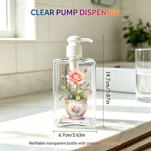 2D 평면, 1개, 수채화 도자기 핑크 장미 세면대 세면대 장식품 280ml, 리필 가능한 액체 펌프 디스펜서, 핸드 솝/샴푸/바디워시에 적합, 가정용/집 꾸미기에 이상적, 휴대용/여행 필수품, 완벽한 선물, 2D 평면