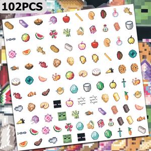 102개 투명 픽셀 스타일 게임 장식 스티커, 수박, 사과, 빵, 케이크, 검 등 요소 포함, 스크랩북, 다이어리, 핸드북, 노트북, 물컵, 기타 등에 적합, 창의적인 스티커 | 선물